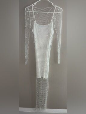 Endless Rose - Rhinestone Net White Midi Dress